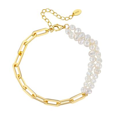 China RINNTIN GPB04 925 Sterling Silver Paperclip Chains White Pearl Fashionable Handmade Freshwater Double Strand Cultured Bracelet For Women for sale