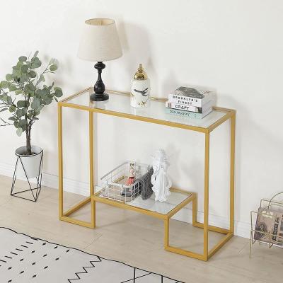 China Modern Luxury Adjustable Console Table (Size) Gold Metal Tempered Glass Top Mirrored Entrance Mesas Hallway Table Console Tables for sale