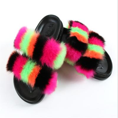 China Fashion Trend Fashion Faux Fur Slippers Artificial Fur Sandals For Women Double Straps Fur Indoor Slides For Women for sale