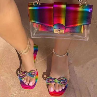 China Fashion trend color ladies shoes beautiful and high quality slides and sandals handbag set sandals and handbags sandals and bag set for sale