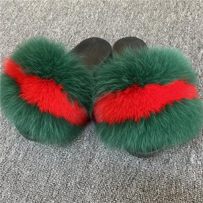 China Fashion Trend Designer Big Fur Slides Real Large Fox Luxury Fluffy Furry Raccoon Slide Fur Slide For Women for sale