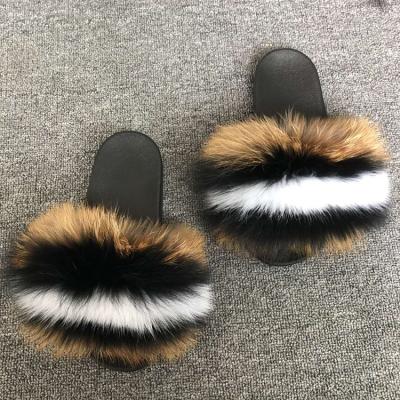 China Fashion Trend Logo Colorful Fox Raccoon Fur Slippers Custom Indoor Furry Sandal Slides 100% Fluffy Slippers For Women for sale