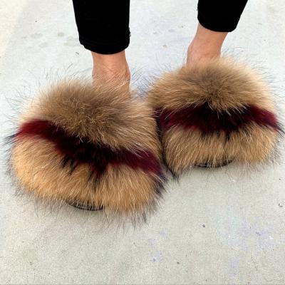 China Fashion Trend China Manufacture High Quality Jelly Slides Fur Slides Women Raccoon Fur Slippers Rainbow Sandals Hairy Fur Slides for sale