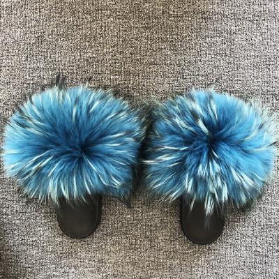 China Fashion Trend Fur Slides For Women REAL BIG FURRY Slippers Flush Outdoor Soft Raccoon Slider Sandals Fox Fur Slipper for sale