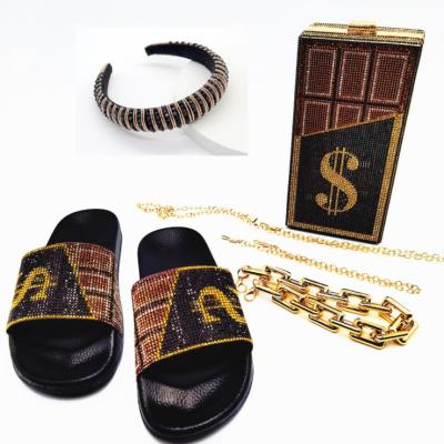 China Fashion New Summer Women Diamond Money Slippers Luxury Bling Slips Ladies Purse Rhinestone Purse And Sandals Sets Sequins Dollars Bag for sale