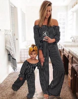 China Breathable Family Matching Clothes Black Striped Mother Daughter Dresses Matching Outfits Mommy And Me Outfits for sale