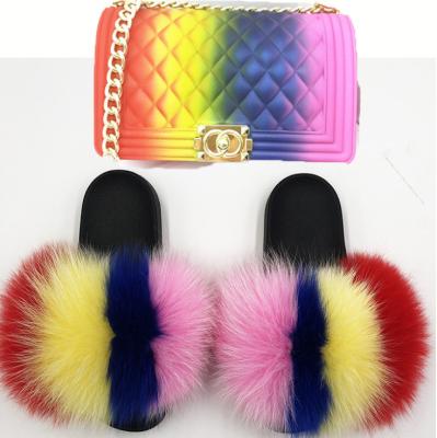 China Fashion Trend Rainbow Custom Colorful Toddler Genuine Baby Fur Slides Real Fox Jelly Purse And Fur Slides Sets With Strap for sale