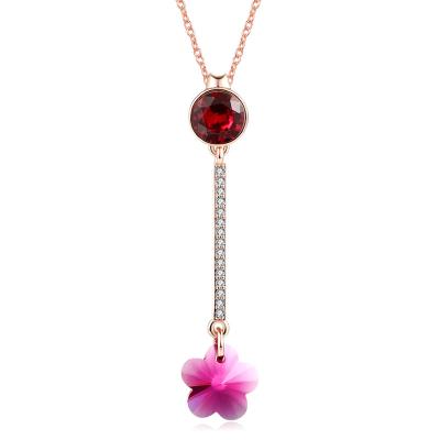 China Other New Fashion Women Jewelry Rose Necklace Red Crystal Pendant Copper Plating Rose Gold Necklace for sale