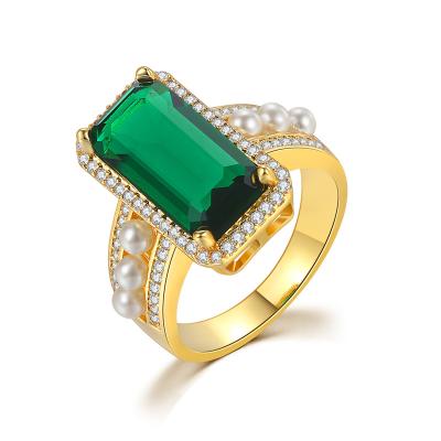 China Office / New Women's Jewelry Career Fashion Big Geometric Ring Gem Ring Green Stone Copper Plating Gold Ring for sale