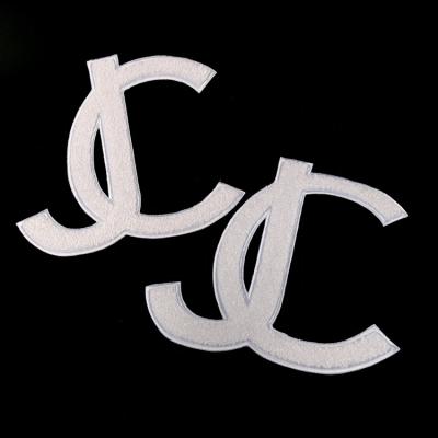 China Handmade Fashionable Custom Laser Cut Letters Alphabet Shape White Chenille Logo Embroidery Patches For Vests for sale