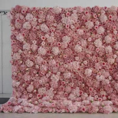 China Wedding Event Concert Artificial Silk Wall Decorative Floral Backdrop Roll Up Flower Pink Wall For Wedding Party Photography Decoration for sale