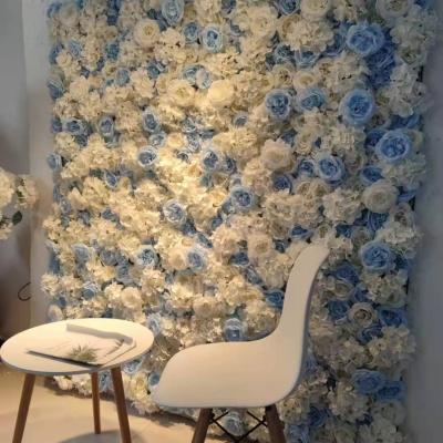 China Wedding Backdrop 3D Floral Wall Rose Hydrangea White Blue Flower Event Concert Artificial Silk Wall Backdrop Fabric For Wedding Wall Decoration for sale