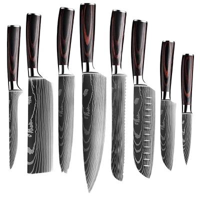 China Japanese Sushi Nakiri 8pcs Laser Damascus Pattern Stainless Steel Viable Knives Boning Kitchen Chef Knife Set With PP Sheath for sale