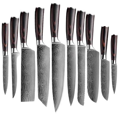 China 10pcs Stainless Steel Viable Laser Damascus Pattern Japanese Sushi Nakiri Santoku Chef Knife Set for sale