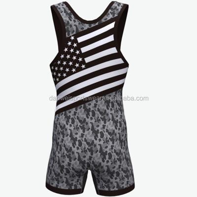 China Polyester spandex flag printing design y back special singlet wholesale wrestling singlet for sale