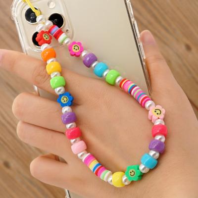 China Fanshion Rainbow Color GC220426 Simple Wholesale Handmade Smiley Face Fruit Pearl Polymer Clay Beaded Phone LanyardWristStrap Cell Phone Chain for sale