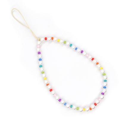 China Wholesale PLASTIC Handmade Rainbow Color Pearl Polymer Clay Beaded Phone Lanyard Wrist Strap Cell Phone Charm Chain GC220427 for sale