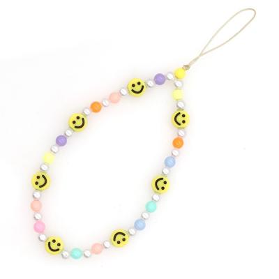 China Wholesale Rainbow Color Smiley Face Alphabet Bead Polymer Clay Beaded Phone Lanyard Wrist Strap Cell Phone PLASTIC BEADS GC220428 for sale