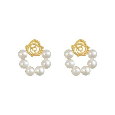 China GC220015 2022 CLASSIC Exquisite Gold Plated Pearl Circle Stud Earrings Minimalist Jewelry 18K Jewelry S925 Sterling Silver Rose Flower Earrings for sale