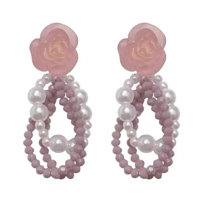 China GC220022 Handmade French Finish Romantic Earrings Luxury PINK BEADED Tassel Earring 925 Silver needle earstuds flower jewelry for sale