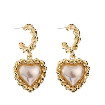 China Vintage GC220307 Retro Vintage Heart Gold Pearl Plated Stud Earrings RIBBON 925 NEEDLE for sale