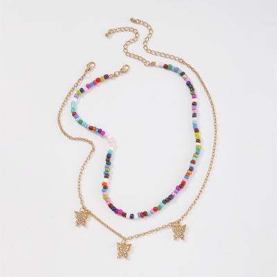 China Fashion GC220028 2023 New Trendy Korean Trend Color Seed Bead Necklace Multilayer Butterfly Necklace for sale