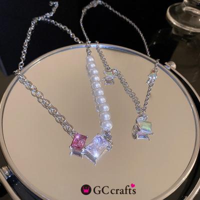 China GC220006 2023 Trendy New Korean Fashion Ribbon Dish Chain Bead Connected Gemstone Charms Necklace 2pieces Necklace Set for sale