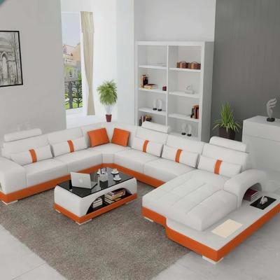 China Wholesale Modern Couch Sofa Couch U Shape Sofa With LED Corner Sofa Set 7 Seater Leather Sectional Couch With Coffee Table for sale