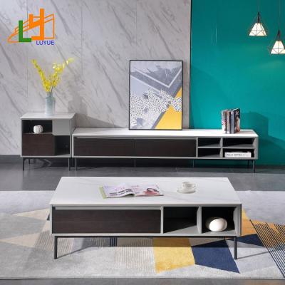 China (Other) Modern Designs Adjustable Wooden Home Furniture TV Stand TV Cabinet Tea Table Combination Set For Living Room With Mirrored Glass for sale