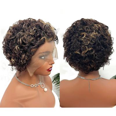 China Pixie Curls Brazilian Virgin Hair 12A Short Pixie Cut Ombre Color 4/27 13x1 Lace Front Bob Wig Pixie Cut Curly Wigs For Black Women for sale