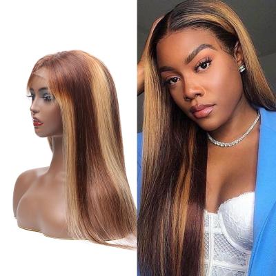 China Hot Honey Brown Silky Straight 4 Lace Frontal Wig Silky Straight Wave 27 Ombre Color Highlight Virgin Hair 4*4 HD Lace Wig for sale