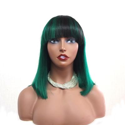 China Dropshipping Virgin Human Hair Brazilian Green Silky Straight Bob Wig Ombre Color 1B Machine Made Wave Short Bob Wigs With Bangs For Black Women for sale