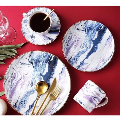 China AL Wholesale New Mable Design Viable Ceramic Gold Rim Porcelain Plates Sets Dinnerware Dish Bowls Dinnerware Sets for sale