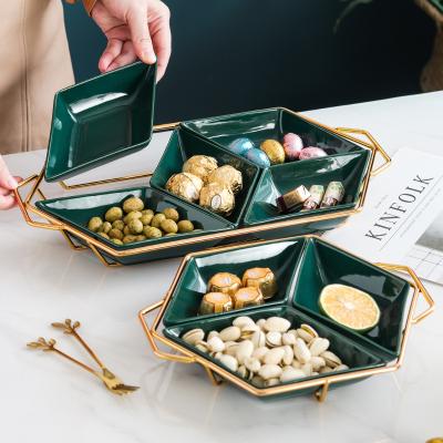 China AL Nordic Style Luxury Candy Ceramic Serving Bowl Dessert Viable Snack Dish With Metal Tray For Home Hotel for sale