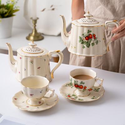 China AL New Embossed Garden Coffee Floral Custom Viable Pot Porcelain Royal Tea Set With Flower Cup Saucer European Style For Tea for sale