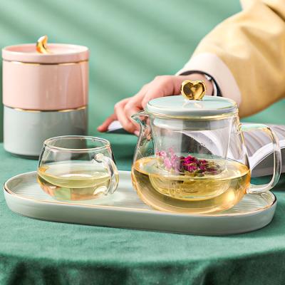 China AL New Nordic Ins Style Viable Wholesale Borosilicate Glass Flower Tea Set Green Custom Transparent Tea Sets With Teapot for sale