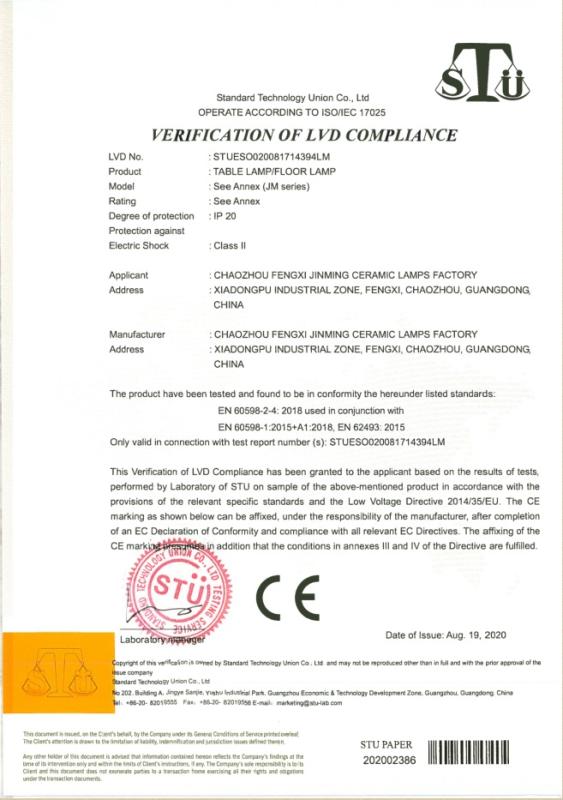 CE - Chaozhou Fengxi Jinming Ceramic Lamps Factory