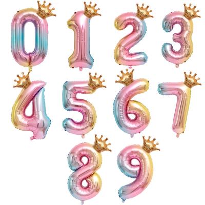 China Birthday Party Gradient Color 32 Inch Foil Number Balloons With Crown Foil Balloon For Birthday Party Festival Birthday Decoration for sale