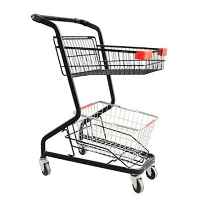 China Durable Shunhong Customized Japanese Style Supermarket 2 Tier Shopping Trolley With Double Baskets for sale