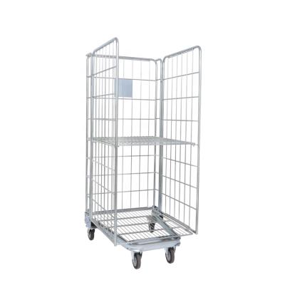 China Custom Galvanized Folding Storage Trolley Shunhong Laundry Metal Folding Roll Container For Transportation for sale