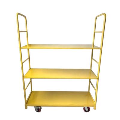 China 360 Degree Rotate Customized Yellow Powder Coating Supermarket Stacking Trolley Table Trolley For Transportation for sale