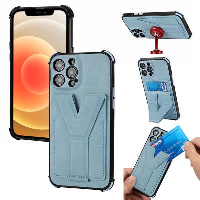 China Ultra Thin Shockproof Metal Card Slot Leather Magnetic Stand Y Mobile Cover Bracket For iPhone 13 12 11 XR Pro Max Shockproof Phone Case for sale