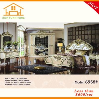 China antique MDF golden Cheap mirrored glass queen bedroom furniture set for sale