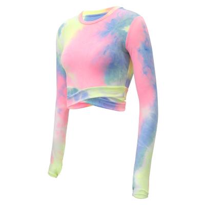 China Yoga Vest Bra Fitness Running T-Shirt Big Round Neck Sports Long Sleeve Top Tie Dyed Belly Button Yoga Suit for sale