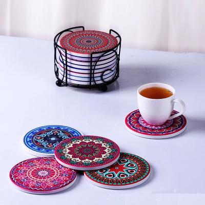 China Viable Coasters for Beverage Set of 8 Mandala Ceramic Coasters Absorbent Stone Coasters with Cork Base for sale