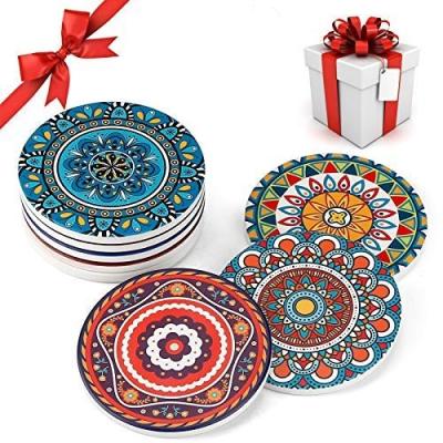 China Viable Absorbent Stone Cup Mat Coasters For Drinks Set Of 8 Mandala Ceramic Coasters With Cork Base for sale