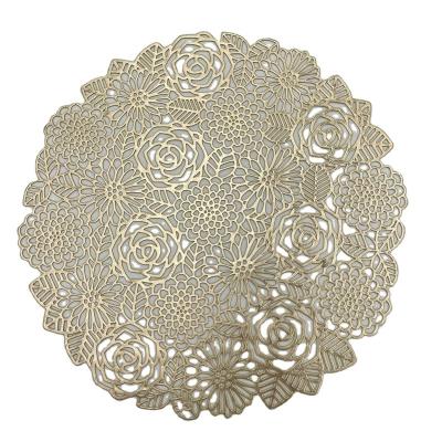 China Best Hot Selling Viable Solid Color Rose Garden Cup Design Non Slip Gold Non Slip Area Rug PVC Single Round Hollow Stamping Place Mat for sale