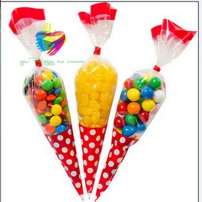 China Disposable Clear Cellophane Popcorn Bag Custom Logo Printed Cone Shaped Plastic Bag for sale