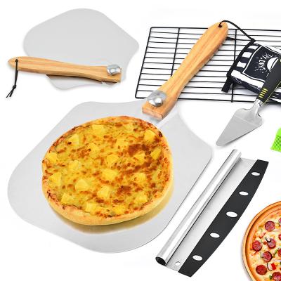 China 2022 viable hot sale 5 in 1 pizza tools wooden handle pizza spatula set pizza cutter for kitchen baking for sale