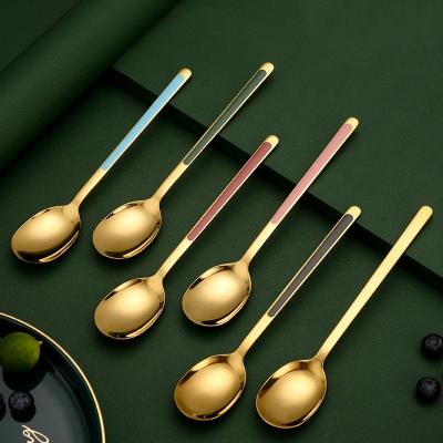 China Viable Wholesale Korean Multicolor Dessert Spoon 20.8CM Long Style Stainless Steel Handle Gold Tea Spoon Stirring Spoon for sale